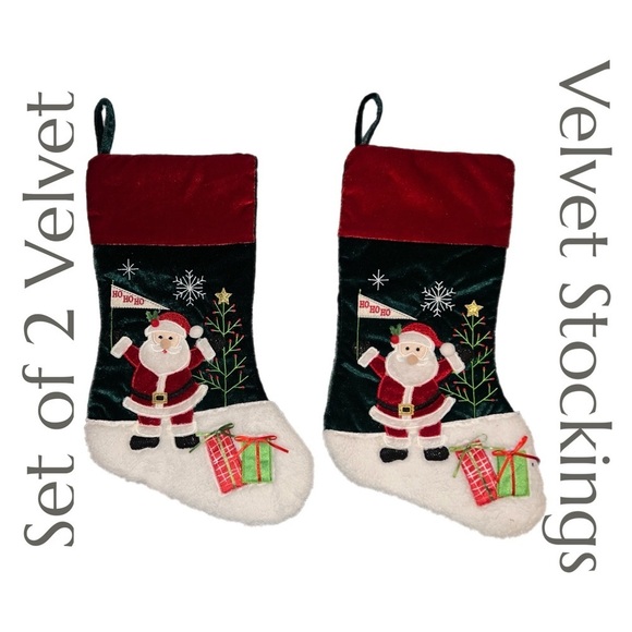 Velvet Santa Christmas Stockings Set of 2 Ho Ho Ho Flag Embroidered Appliqué - Picture 1 of 6